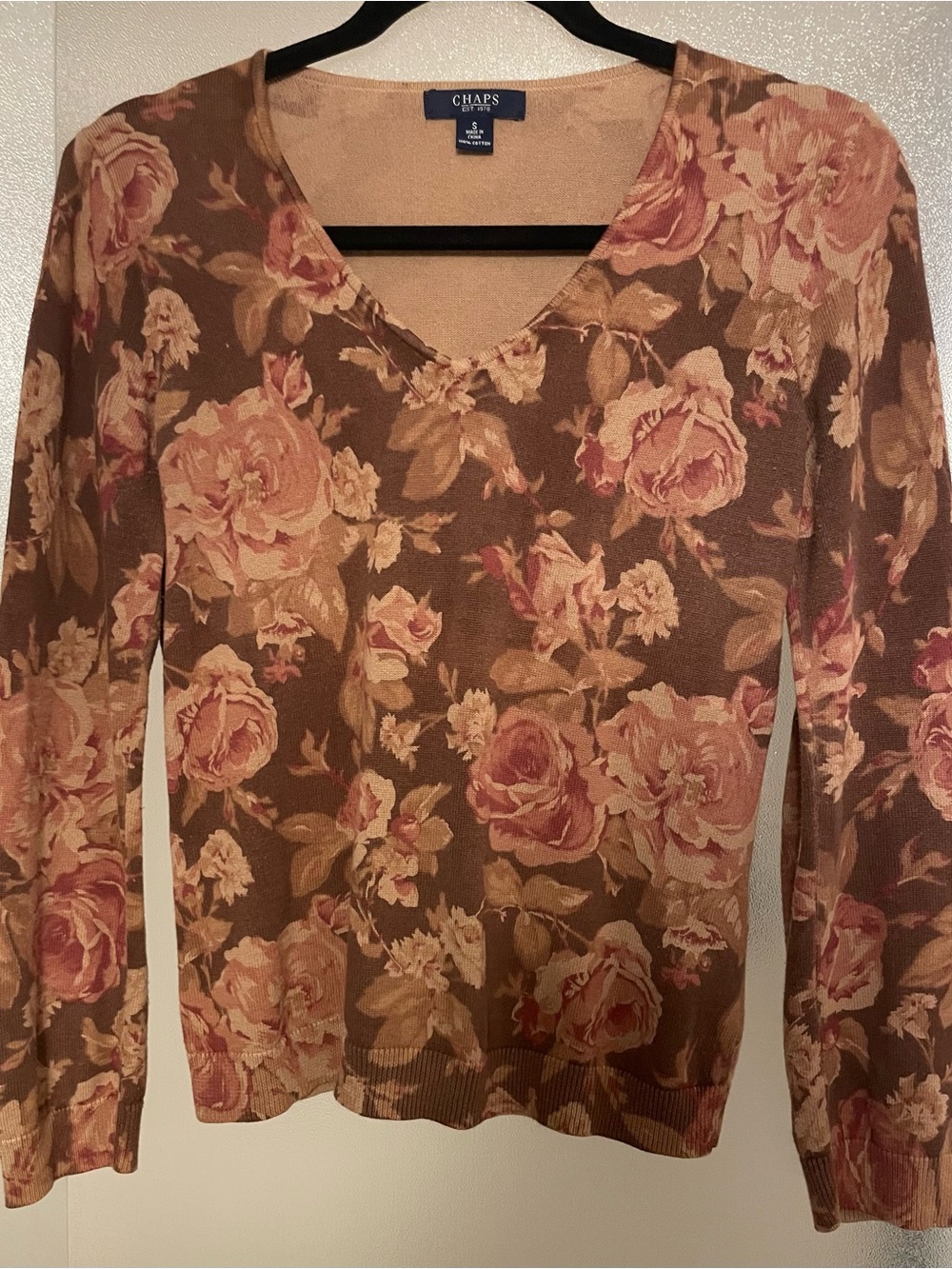 Chaps Brown & Rose Long-Sleeve V-Neck Sweater 💯 Cotton